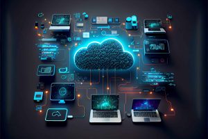 Cloud technology, computing. Devices connected to digital storag