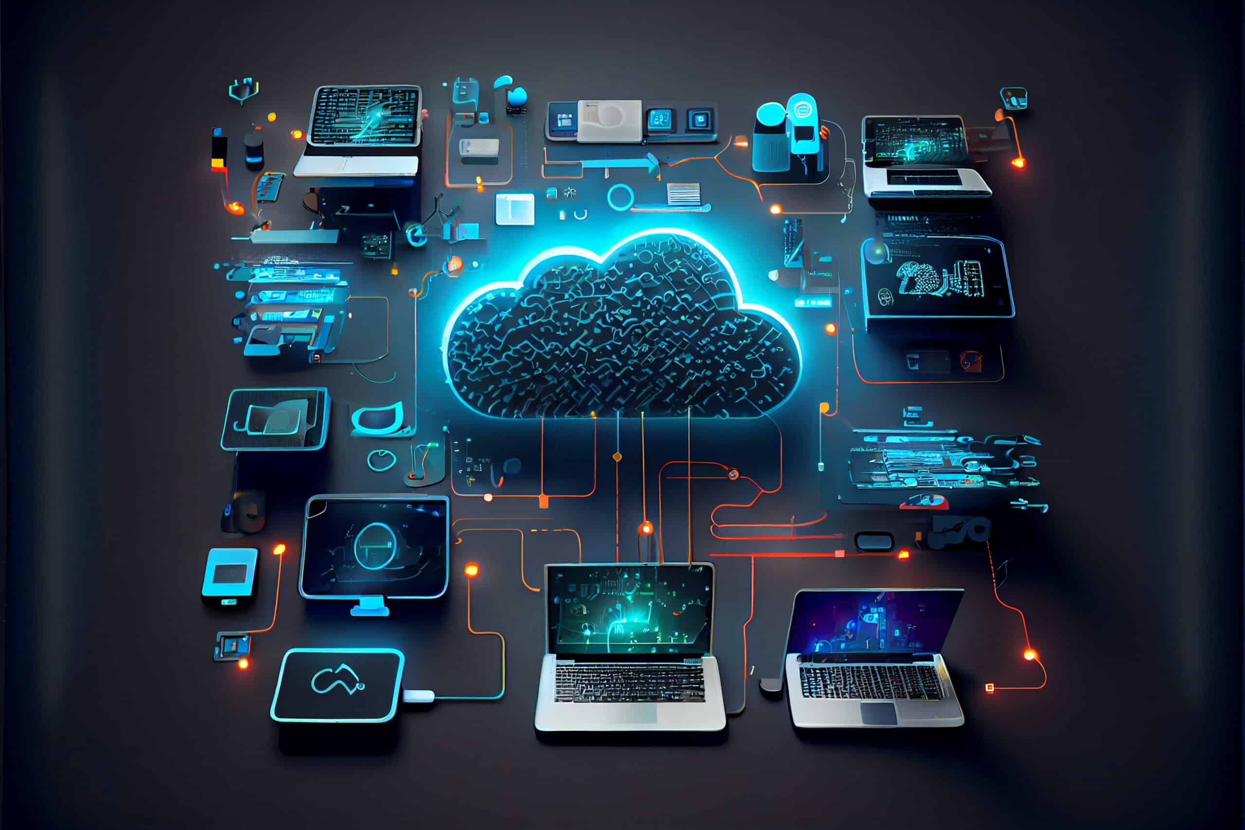 Cloud technology, computing. Devices connected to digital storag